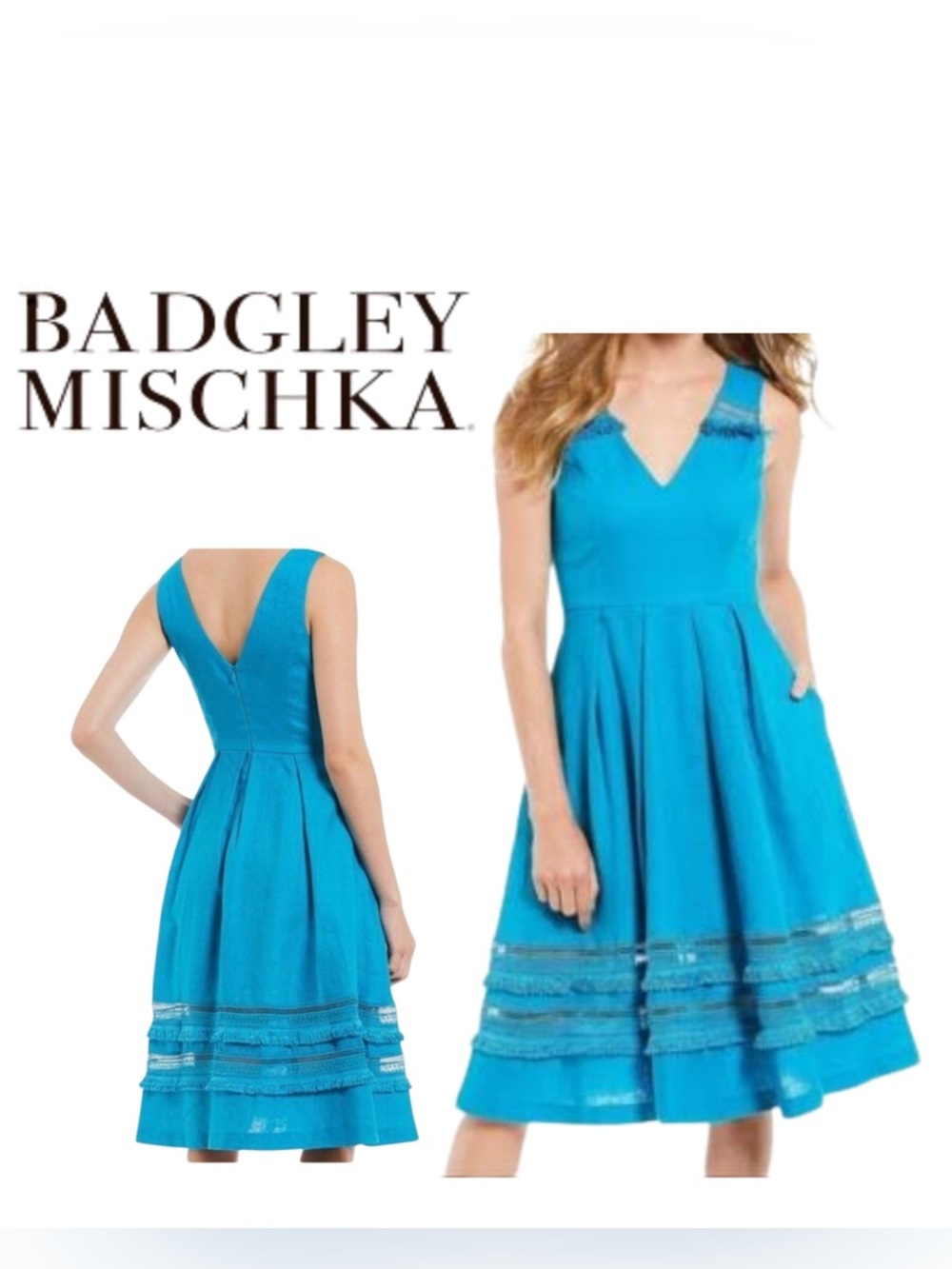 Badgley Mischka Turquoise Blue Midi Dress with Tiered Hem